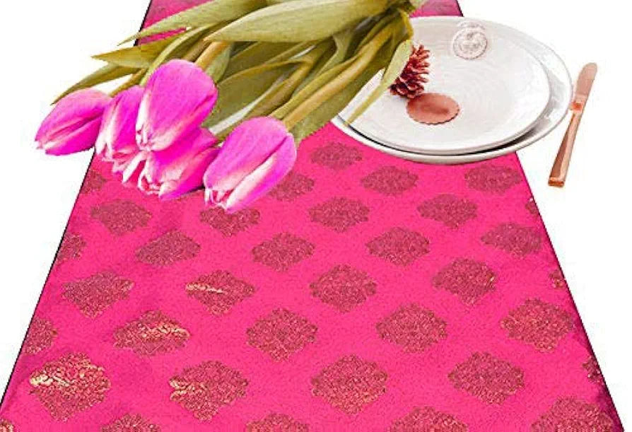 Pink Parrot- Jacquard Silk Table Runner -12x70 inch-1pc